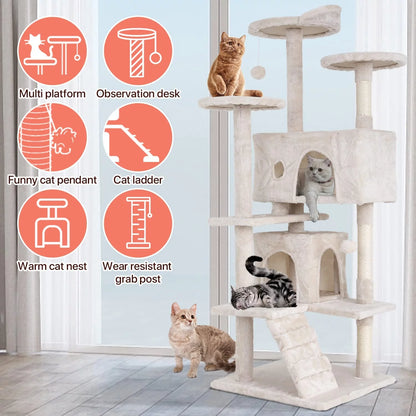 Torre De Juego De 54 Pulgadas Con Doble Condominio Cat Tree Con Poste Rascador Y Percha Para Interiores, Beige