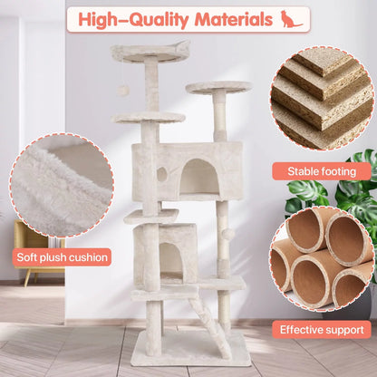 Torre De Juego De 54 Pulgadas Con Doble Condominio Cat Tree Con Poste Rascador Y Percha Para Interiores, Beige