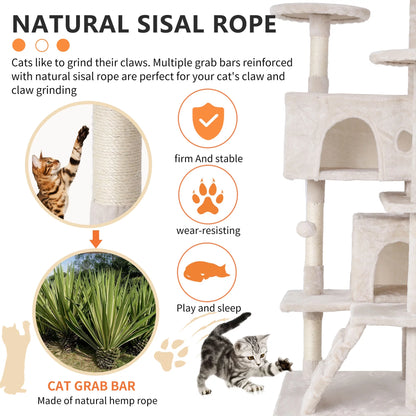 Torre De Juego De 54 Pulgadas Con Doble Condominio Cat Tree Con Poste Rascador Y Percha Para Interiores, Beige